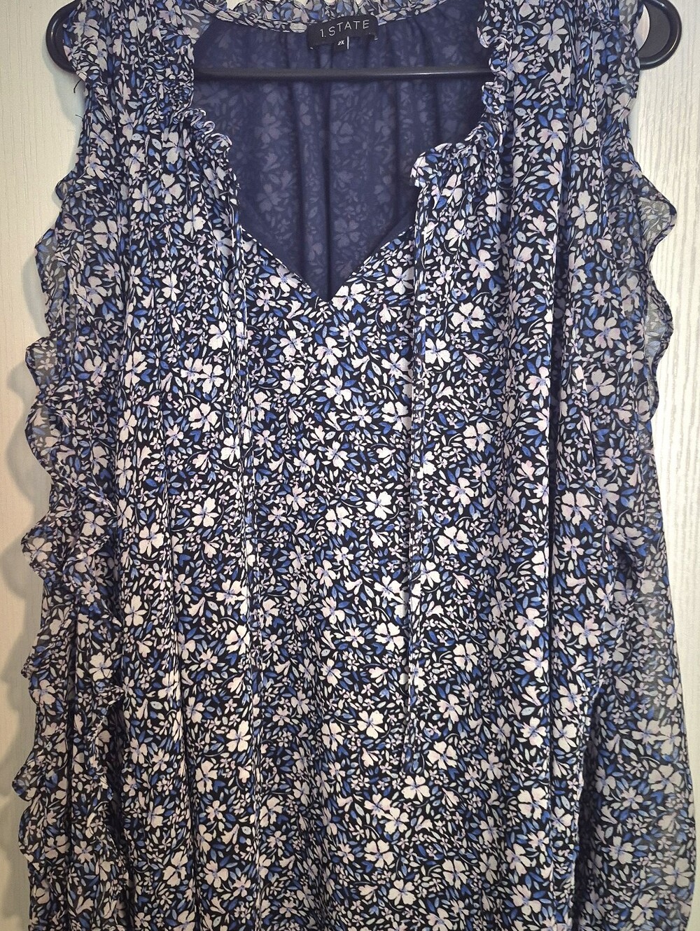1. State Navy Blue Floral Open Sleeve Ruffle Blouse